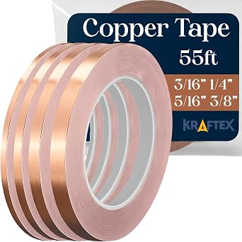 Kraftex Copper Tape 3/16 1/4 5/16 and 3/8 inch x 55ft 4pk. Copper Foil Tape for Stained Glass Soldering with Conductive Adhesive. Great Shielding for Guitars, EMI Shielding, Jewlery Making and Crafts