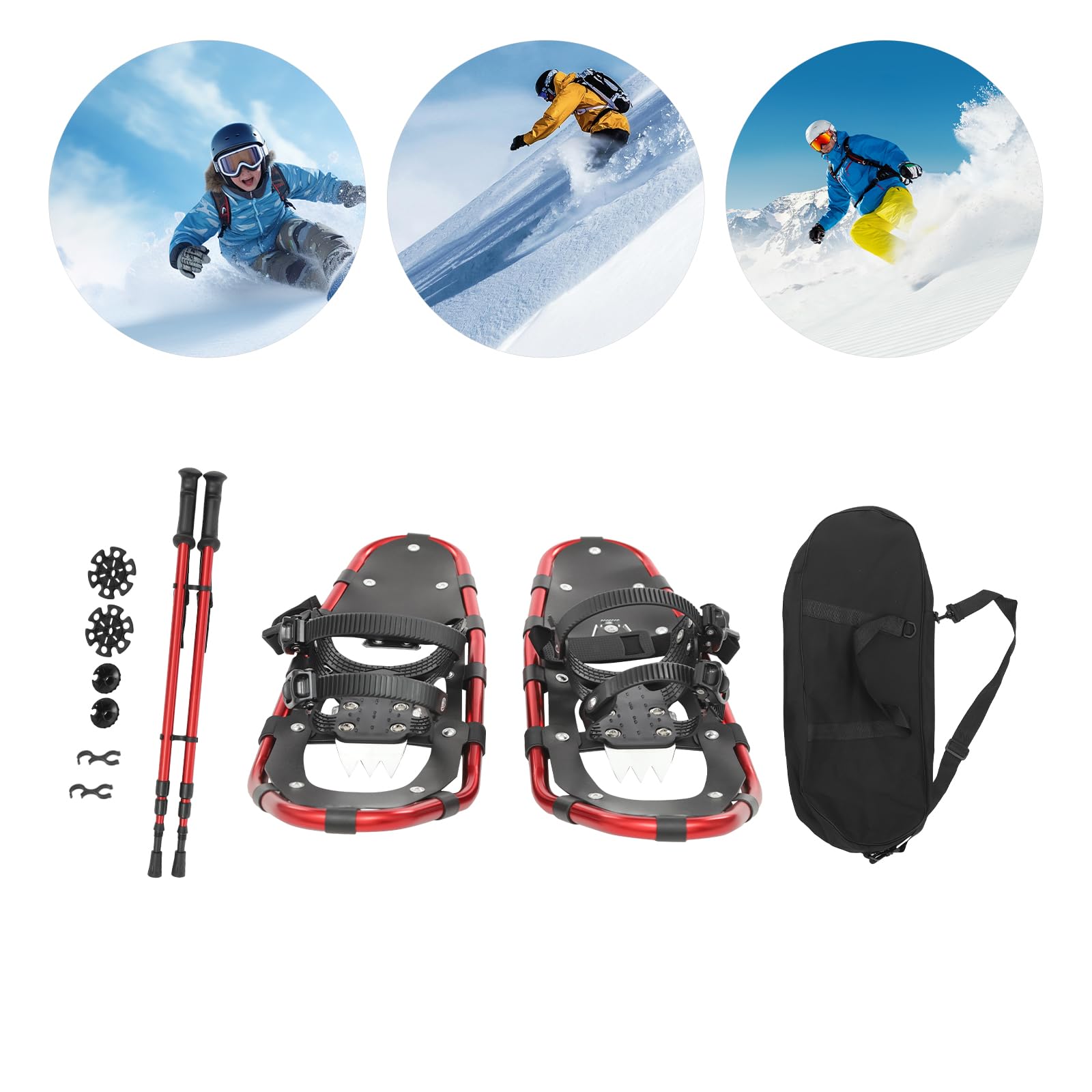 HOLMZCED 25 Inch Snowshoes, Lightweight Snow Shoes with Adjustable Trekking Poles Aluminum Snowshoes with Carrying Bag Red Black for Adults Men Women
