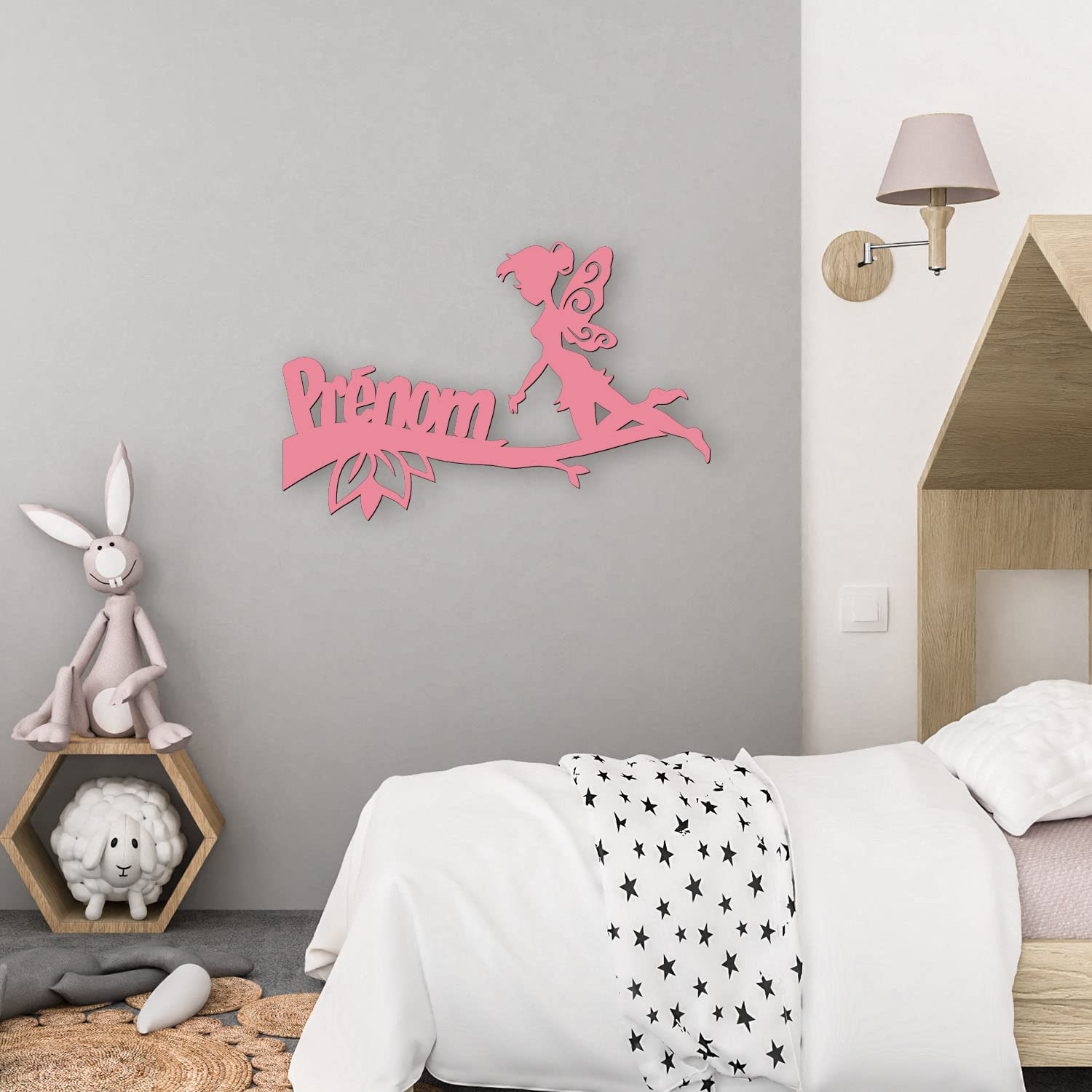 Namofactur Lampe Murale Led à Piles - Modèle Fée - Veilleuse Déco en Bois Avec Prénom Personnalisable - Idée De Cadeau D' Anniversaires, Baptêmes, Naissance Pour Filles.