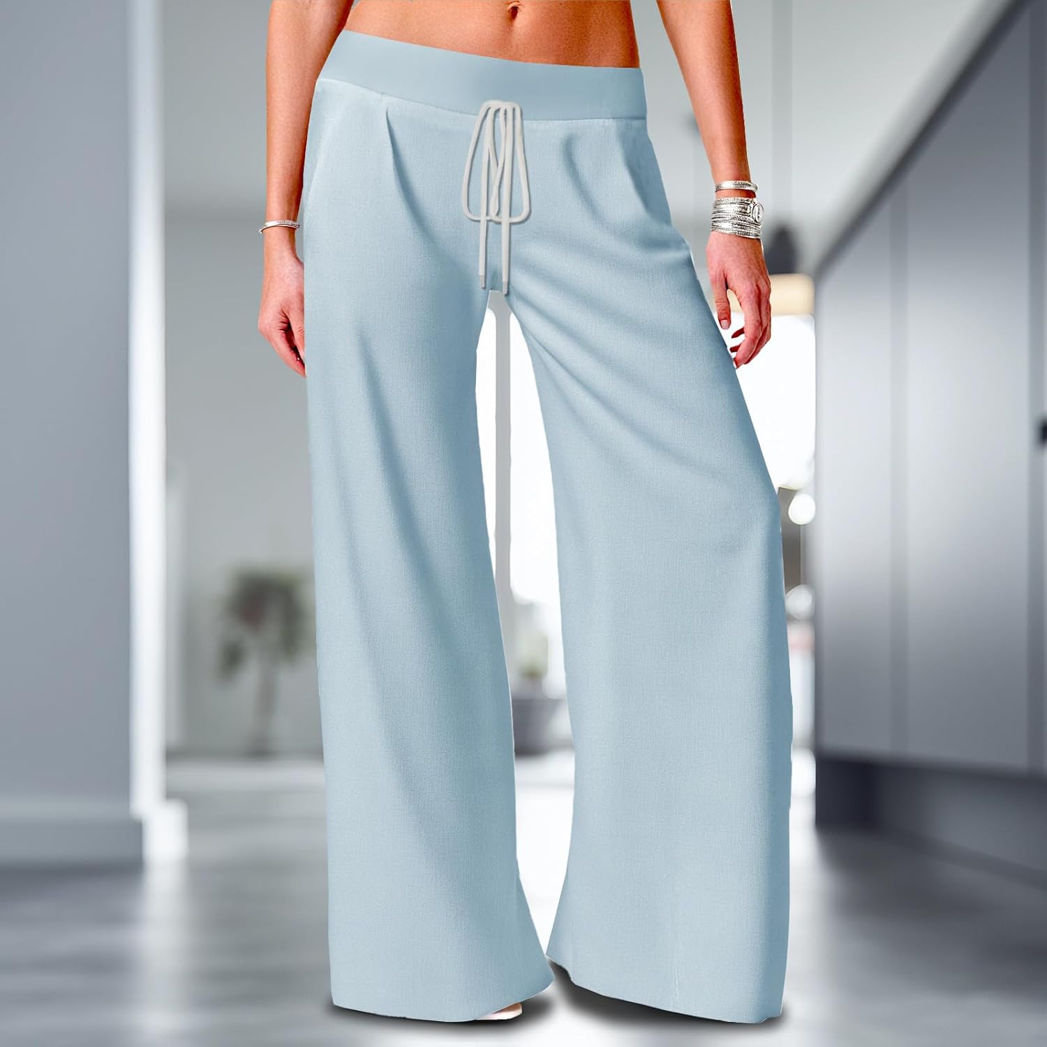 Lightweight Pants for Summer Women Drawstring Wide Leg Pants with Pockets Lounge Trousers Summer Outfit Street Wear - Image 2
