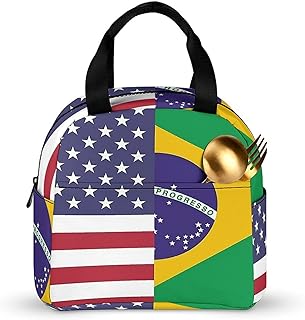 Half American Half Brazilian Flag Meal Prep Bag Side Pockets Lunch Tote Reusable Lunch Box Carrier for Adult Work Picnic