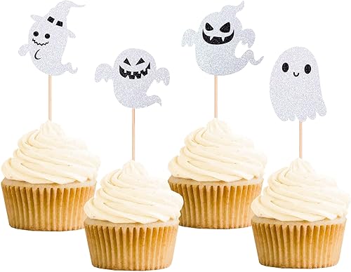 Gexolenu 24 piezas de decoración de magdalenas de fantasmas de doble cara con purpurina espeluznante para Halloween, temática de Halloween, baby