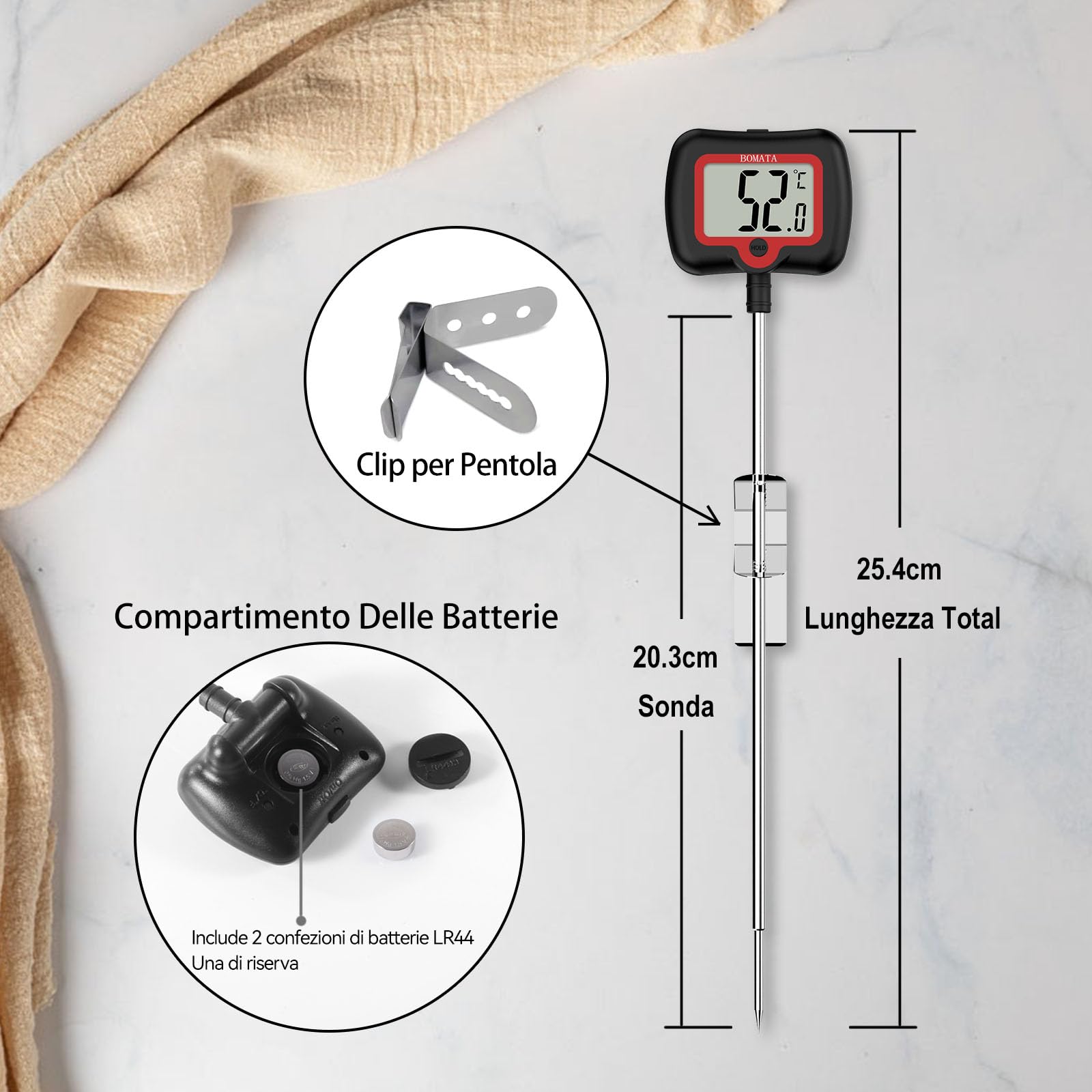 BOMATA Termometro per caramelle con sonda lunga da 8" con clip per pentola, display rotante, Termometro digitale ad alta precisione con lettura istantanea per candele