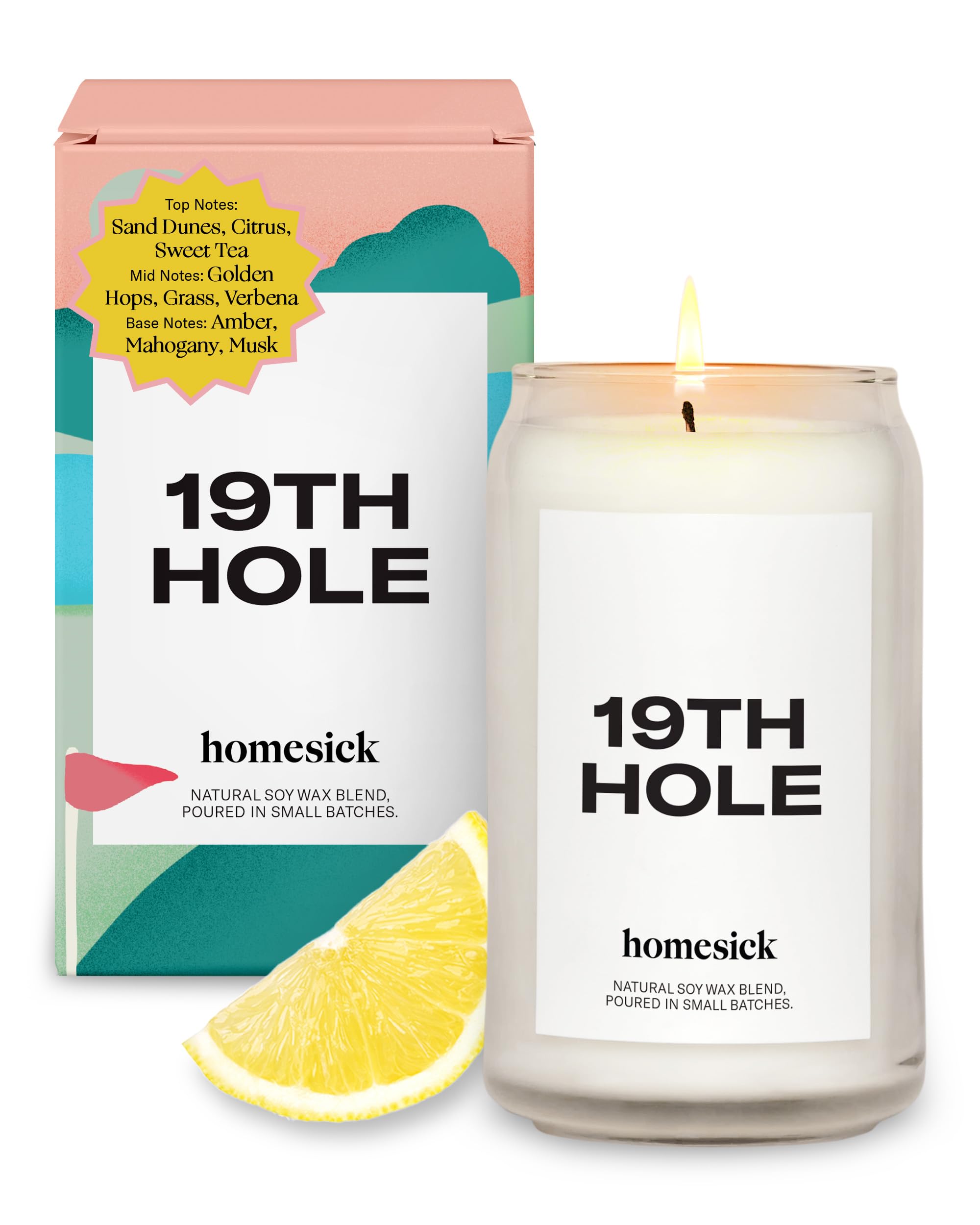 Homesick Scented Candles for Home (19th Hole) - 13.75 oz Long-Lasting Natural Soy Wax Blend Jar Candle Gifts for Women & Men, 60-80 Hours Burn Time - Notes of Sand Dunes, Golden Hops & Amber