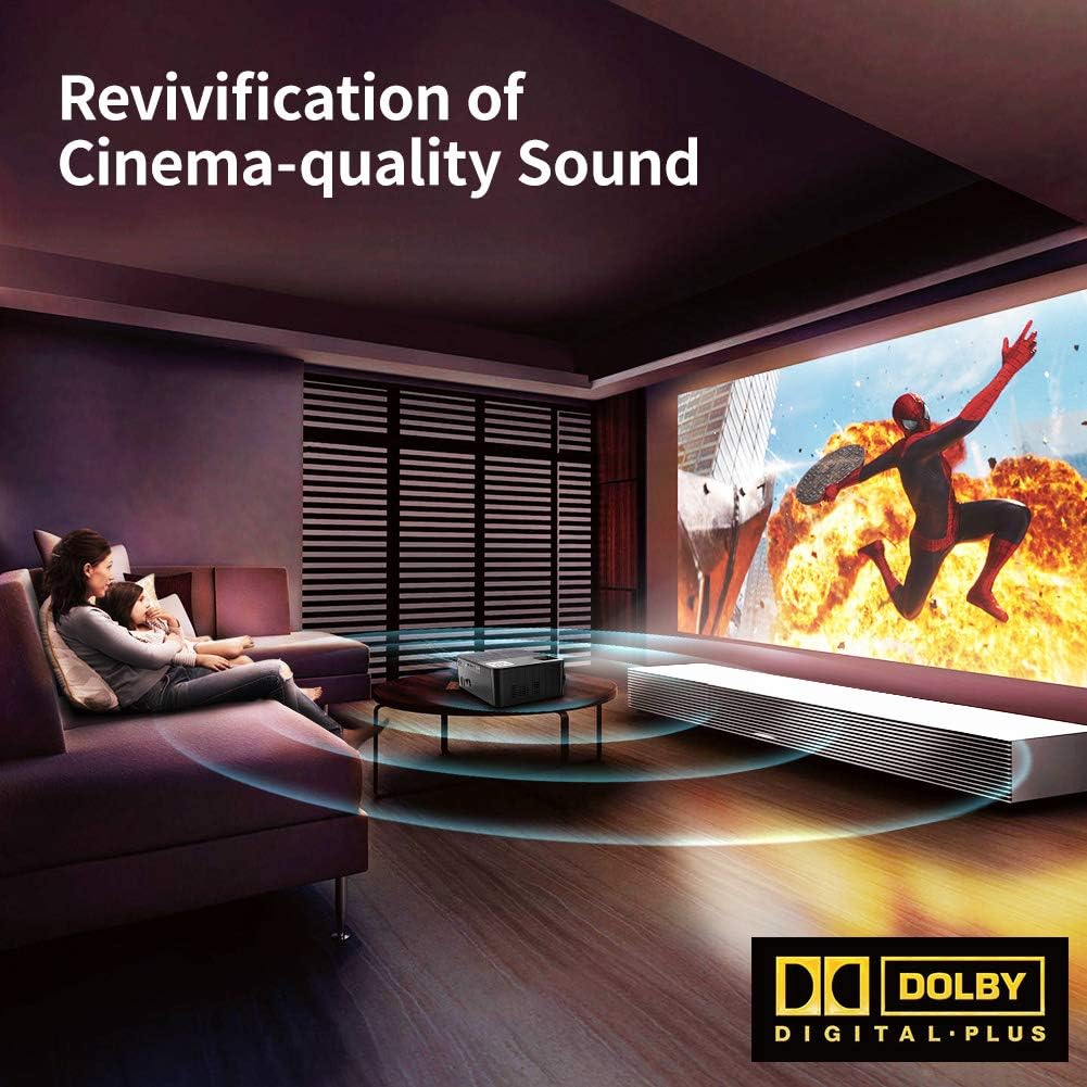 Living room scene with projector and Dolby Digital Plus logo