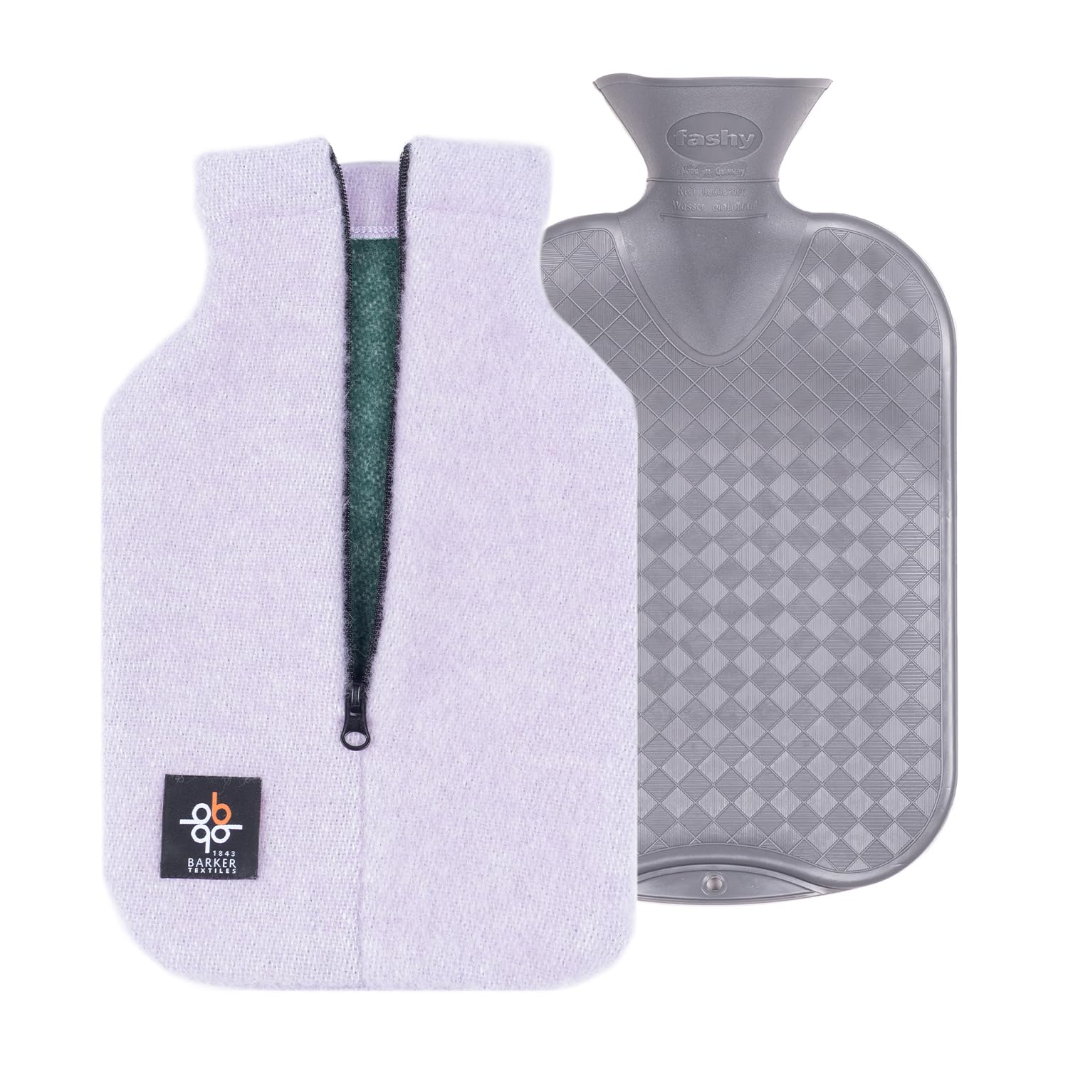 2.0L Fashy Hot Water Bottle with Barker Textiles 100% Wool Cover (Levander-Green) Hot Water Bag with Zipper Cover