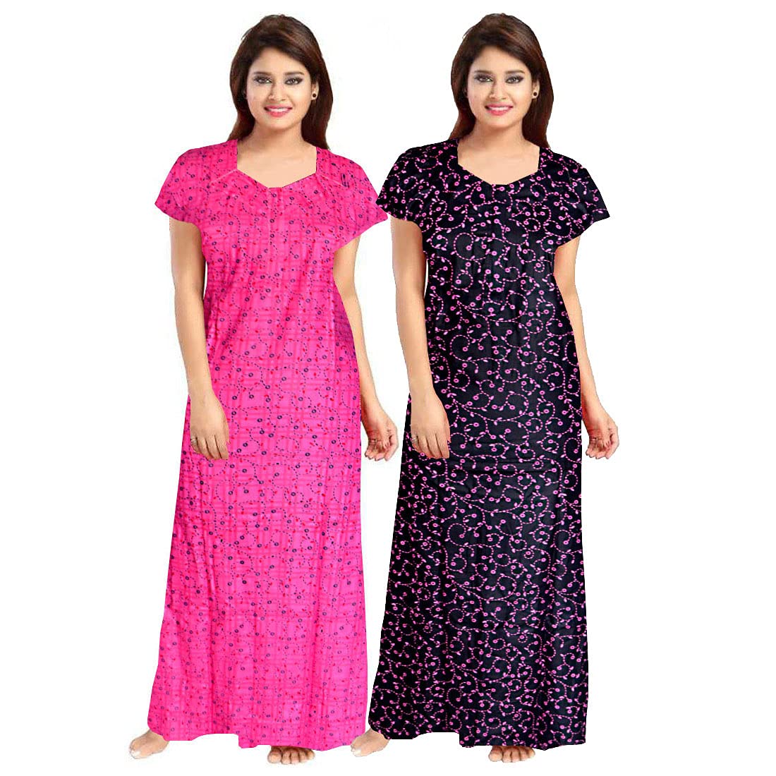 nandini Women Floral Print Nighty Free Size with Front Zip Regular Cotton Night Gown Night Dress Nighty Combo Maxi (Pack of 2) Black,Blue-picture-45