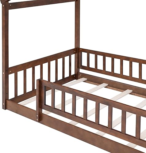Miniatura 69 de Bellemave Cama de casa tamaño matrimonial con barandillas de valla, marco de cama de madera estilo Montessori para niños, divertidas camas de casa