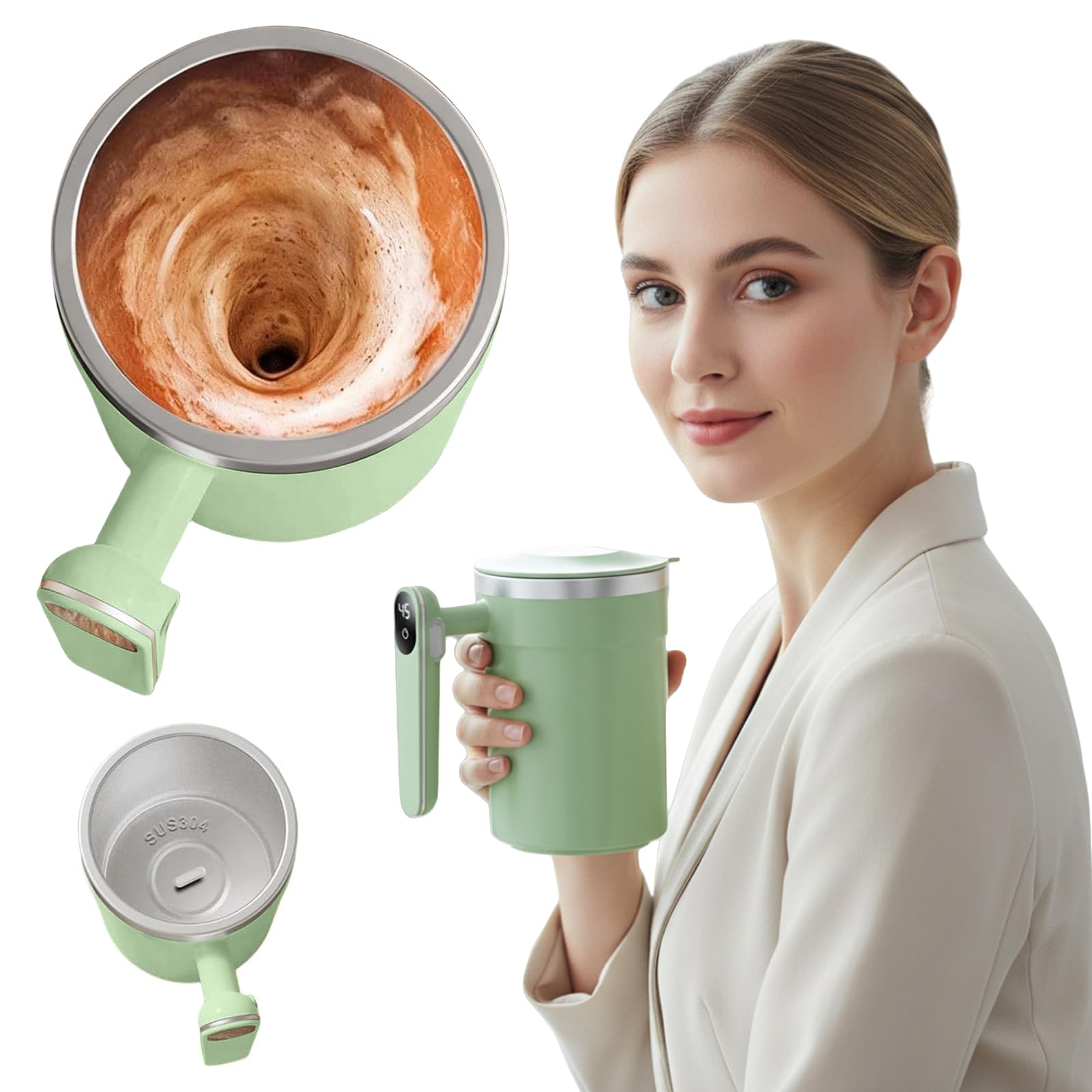 Filiżanka do kawy 400 ml z automatycznym mieszaniem, wyświetlaczem temperatury i obrotowym kubkiem samomieszającym, stal nierdzewna, zielony*3
