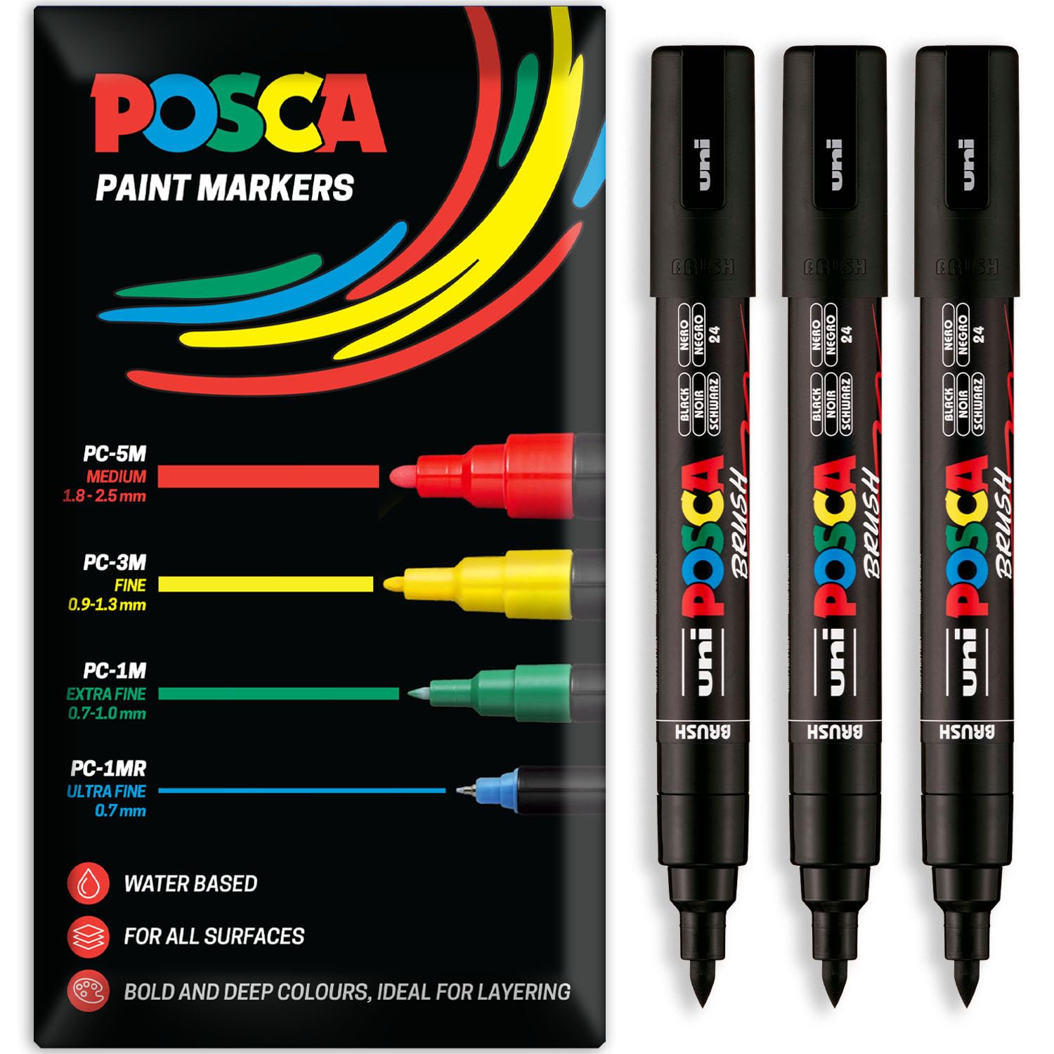 Posca Water Based Acrylic Paint Marker Pens | Multi Surface Use Permanent Paint Pen | Pack of 3 Pens in Envelope Gift Packaging | Glass, Fabric, Wood etc | Brush Nib PC-5BR, Black