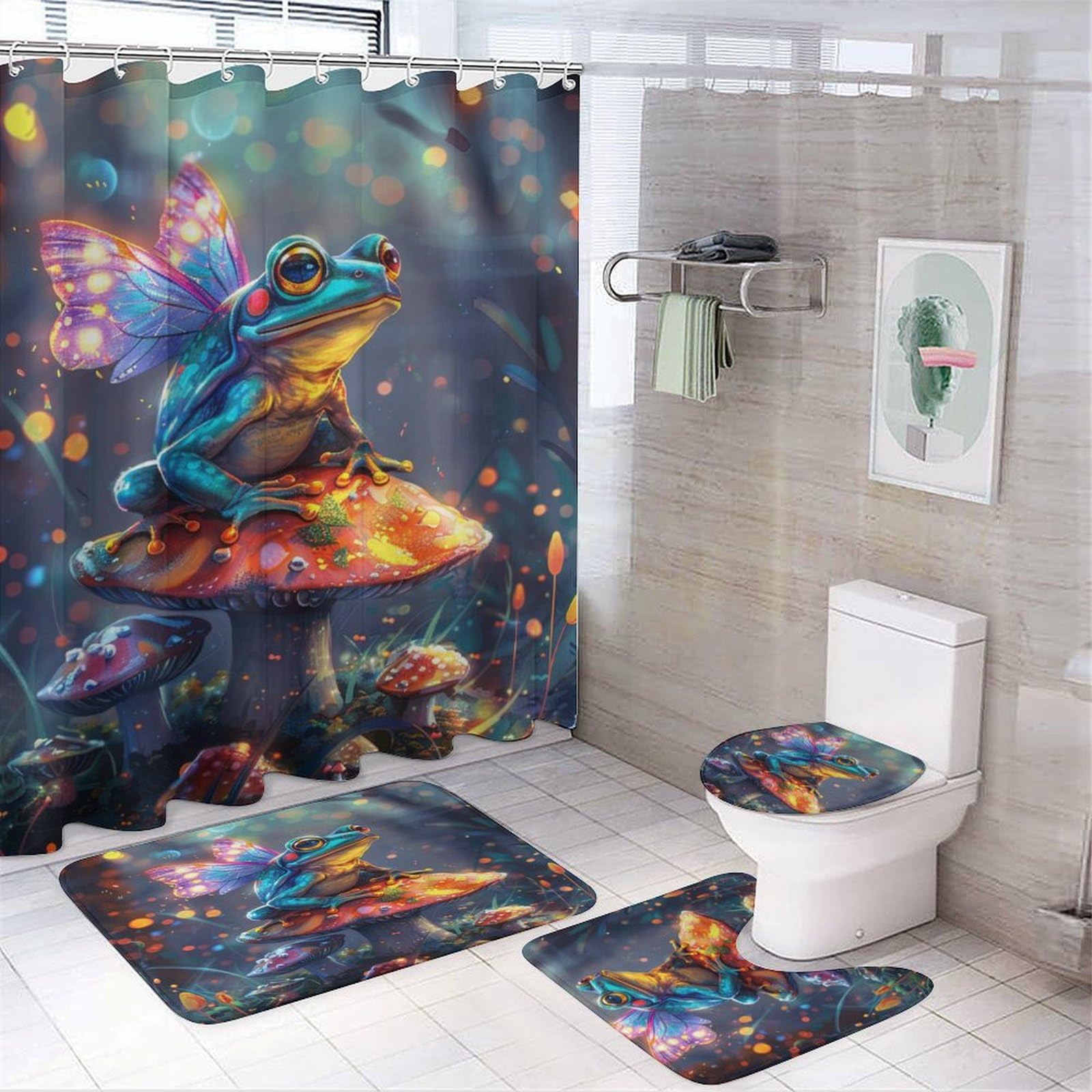 TOWINSFB 4Pcs Fantasy Frog Butterfly Shower Curtain, Colorful Animal Mushroom Plant Shower Curtain Sets with Toilet Lid Cover, U-Shaped Mat and