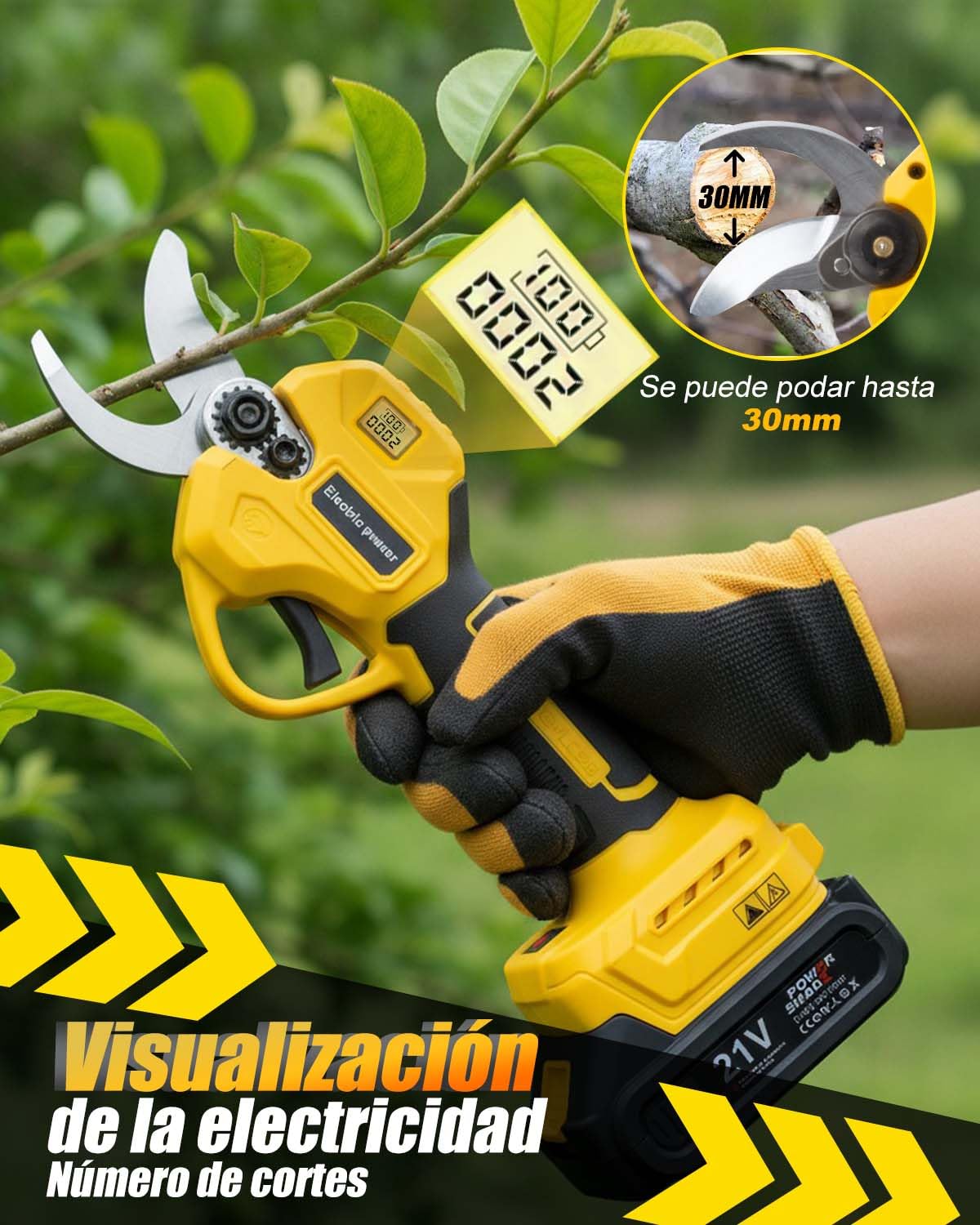 Forbici da potatura elettriche a batteria 30 mm professionali, 2 batterie 2000 mAh 21 V, motore brushless, schermo LCD, forbici potatrici elettriche per potatura alberi, giardino, orto, vigneto e uso