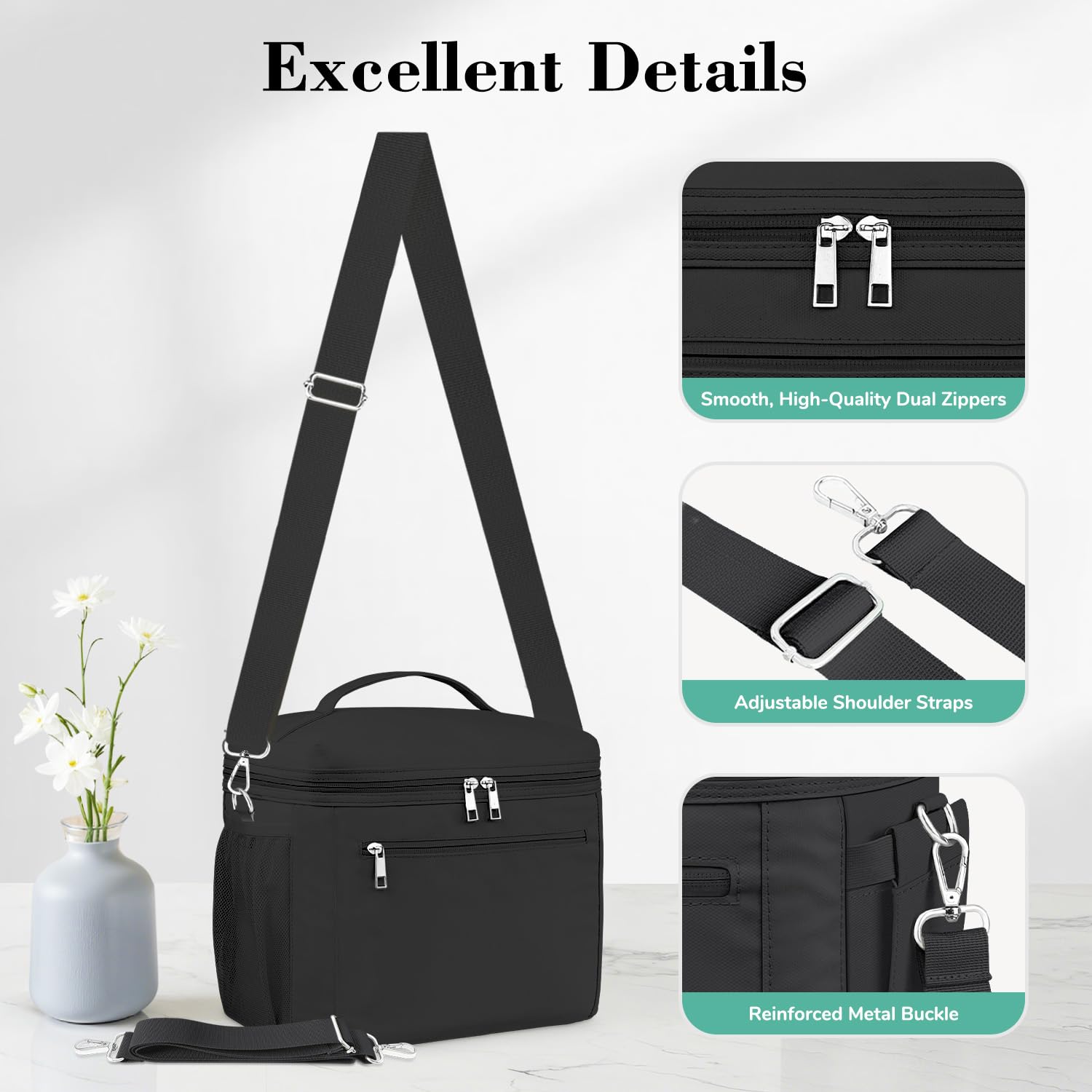 Lonchera térmica para mujeres y hombres, pequeña lonchera reutilizable a prueba de fugas, bolsa de almuerzo portátil para el trabajo, picnic (negro) 8
