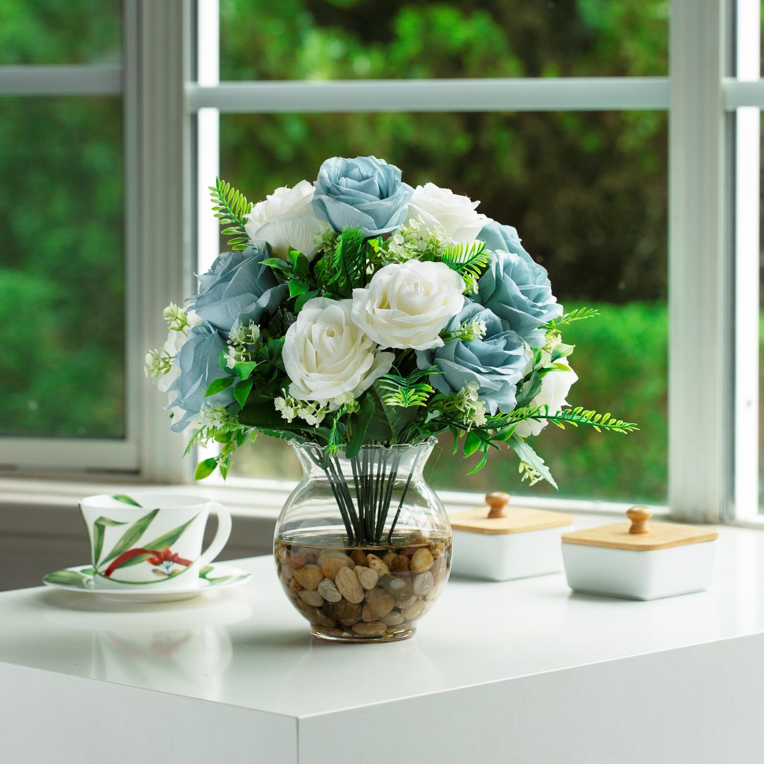 Amazon.co.jp: ENOVA 花柄 18 ヘッド シルク ローズ 造花 花瓶、丸い