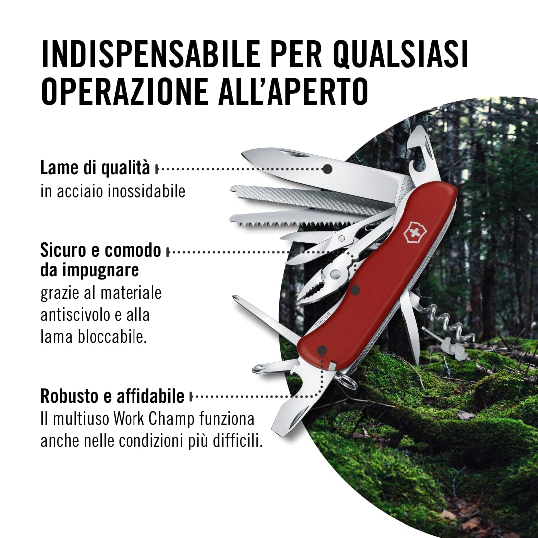 Victorinox Work Champ - Coltello tascabile (21 funzioni, lama di bloccaggio, pinza, seghetto), rosso