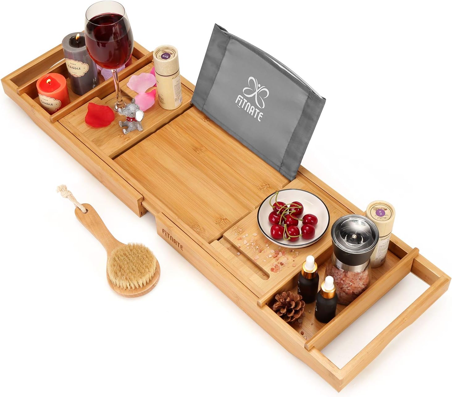 FITNATE Luxury Bathtub Tray, Wooden Bathtub Tray with Extendable Sizes, Adjustable, Non-Slip & Durable, Bathtub Tray Caddy with Wooden Body Brush for Luxury Bath or Reading,Distinctive Gift