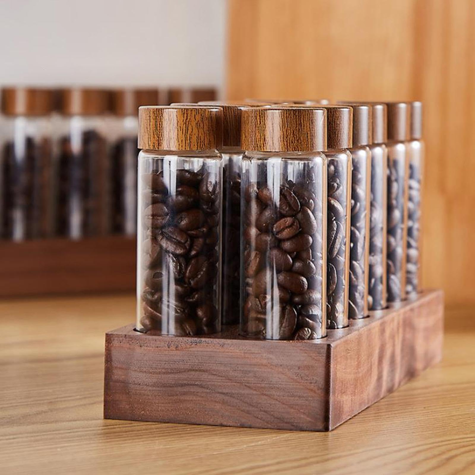 perfk Kaffeedose Dosierung von Kaffeebohnen Aufbewahrungsröhrchen, Luftdicht Kaffeebohnen Behälter Kaffeebohnen-Aufbewahrungsbehälter, Holzhalterständer für die Barküche und Küche, 22g