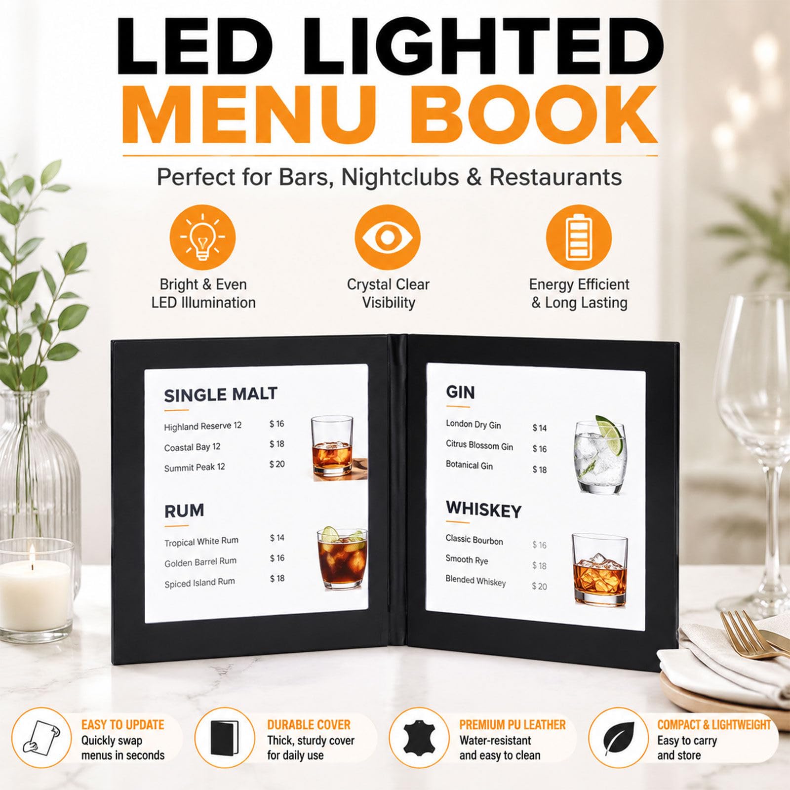 Porta Menú LED Multipágina A4, Soporte Iluminado Recargable para Cartas de Restaurante y Bebidas A4FourSide2Pack
