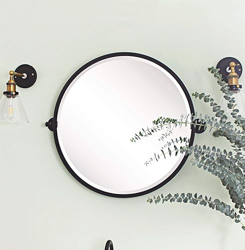 Miniatura 2 de TEHOME Espejo de baño pivote circular de 26 pulgadas con marco de metal negro mate, espejos de tocador biselados inclinables redondos para pared