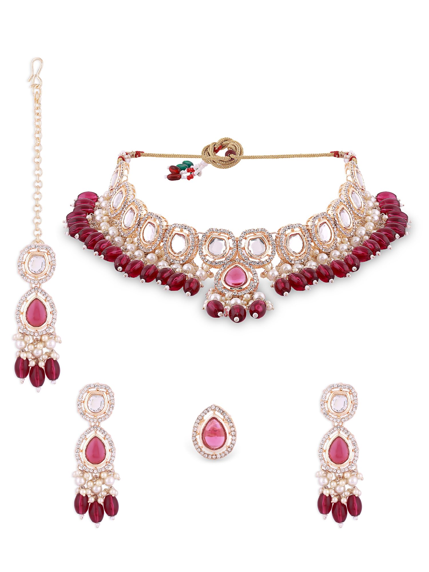 ZAVERI PEARLS Wine Colour Artificial Stone Beads Choker Necklace Earring Maangtikka Ring Set For Women-ZPFK16385 (B0CGRD88ZX) Amazon Price History, Amazon Price Tracker
