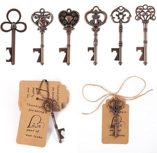 XHIPY 60 piezas de recuerdos de boda para abrebotellas de llaves de invitados, decoración de esqueleto vintage con tarjetas de acompañante,