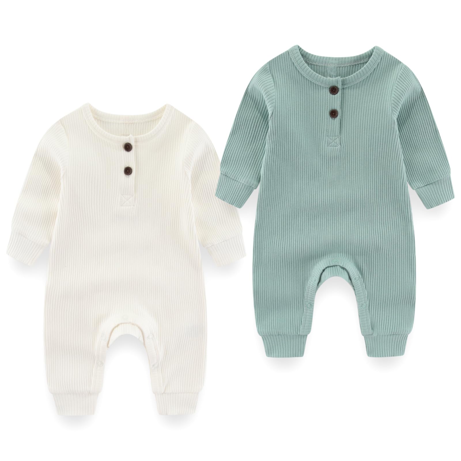 Baby Boy Girl Romper 2 Pack Long Sleeve Button Jumpsuit Cotton Unisex Infant Baby Clothes for 0-24 Months