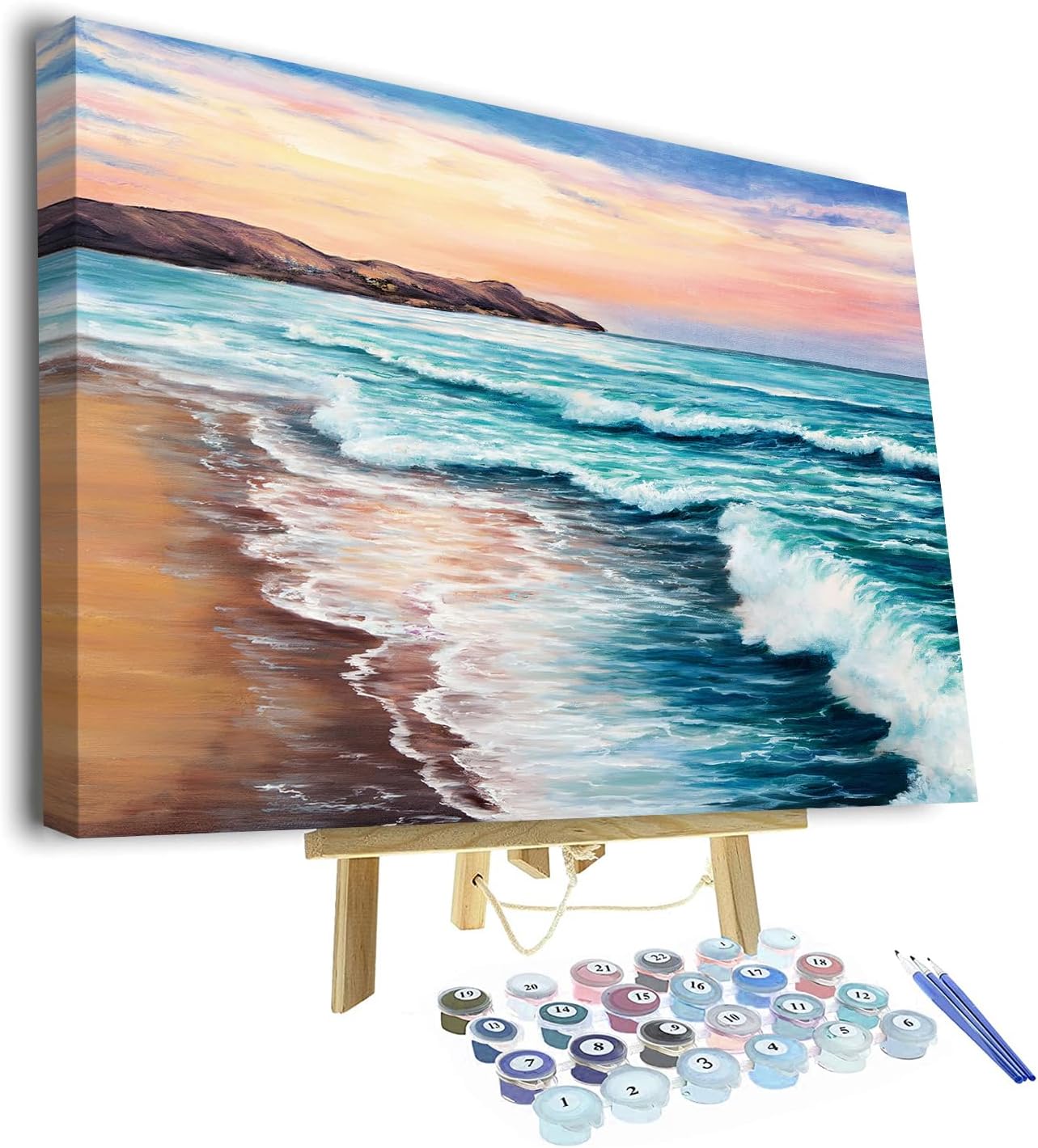 TUMOVO Painting by Numbers for Adults, Beach Paint by Numbers Kits, Colorful Seaside Landscape Oil Painting for Adults, DIY Canvas Painting Kit with Brushes and Pigment, 16x20 Inch (Framed)