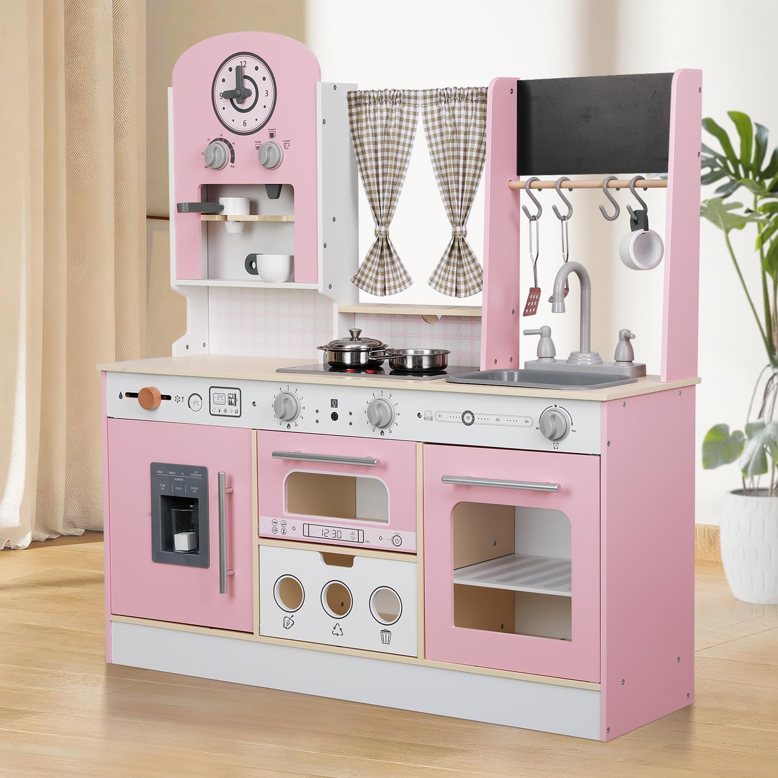 Kids Kitchen playset, Wooden Play Kitchen, Height Adjustable, Comes with Various Kitchen Accessories, Ideal Role Play Toy Gift for Toddlers and Kids Ages 3-8 (Pink)