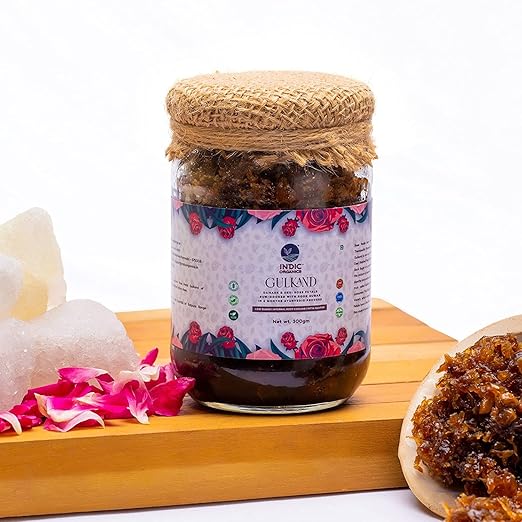 Gulkand of Desi & Damask Rose Petals Sun-Cooked with Rock Sugar in Ayurvedic Process for 6 Months | Low Sugar | Pitta Pacifier | Internal Body Coolant (Mishri, 600 Grams)