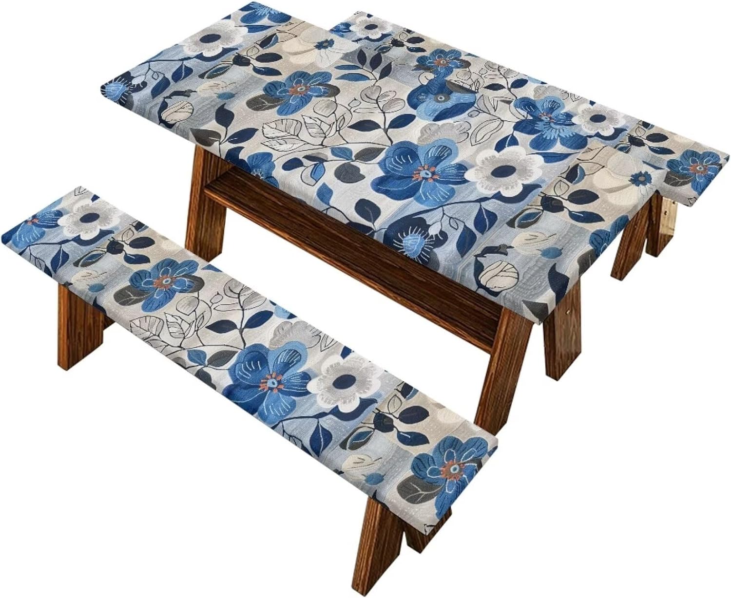 Flashideas Blue Flowers Picnic Table Cover with Bench Covers Set for Outdoor and Camping Camping Essentials Accessories with Elastic RV Camping Accessories and Camper Must Haves 72in
