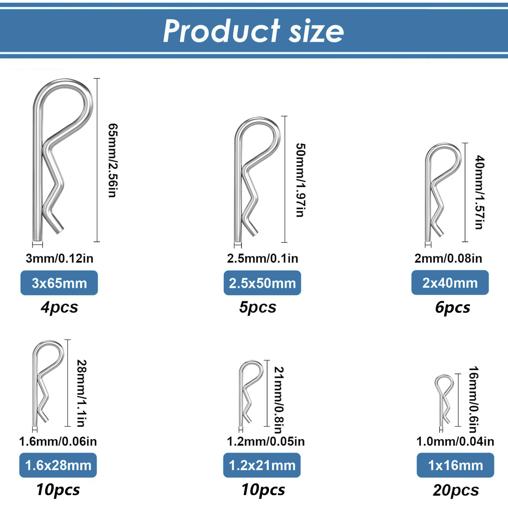 Sandphyrre Cotter Pins Assortment Kit, 304 Stainless Steel 12 Sizes R Clips and Split Pins, Spring clips for Hitch Pin Lock Systems - Image 2