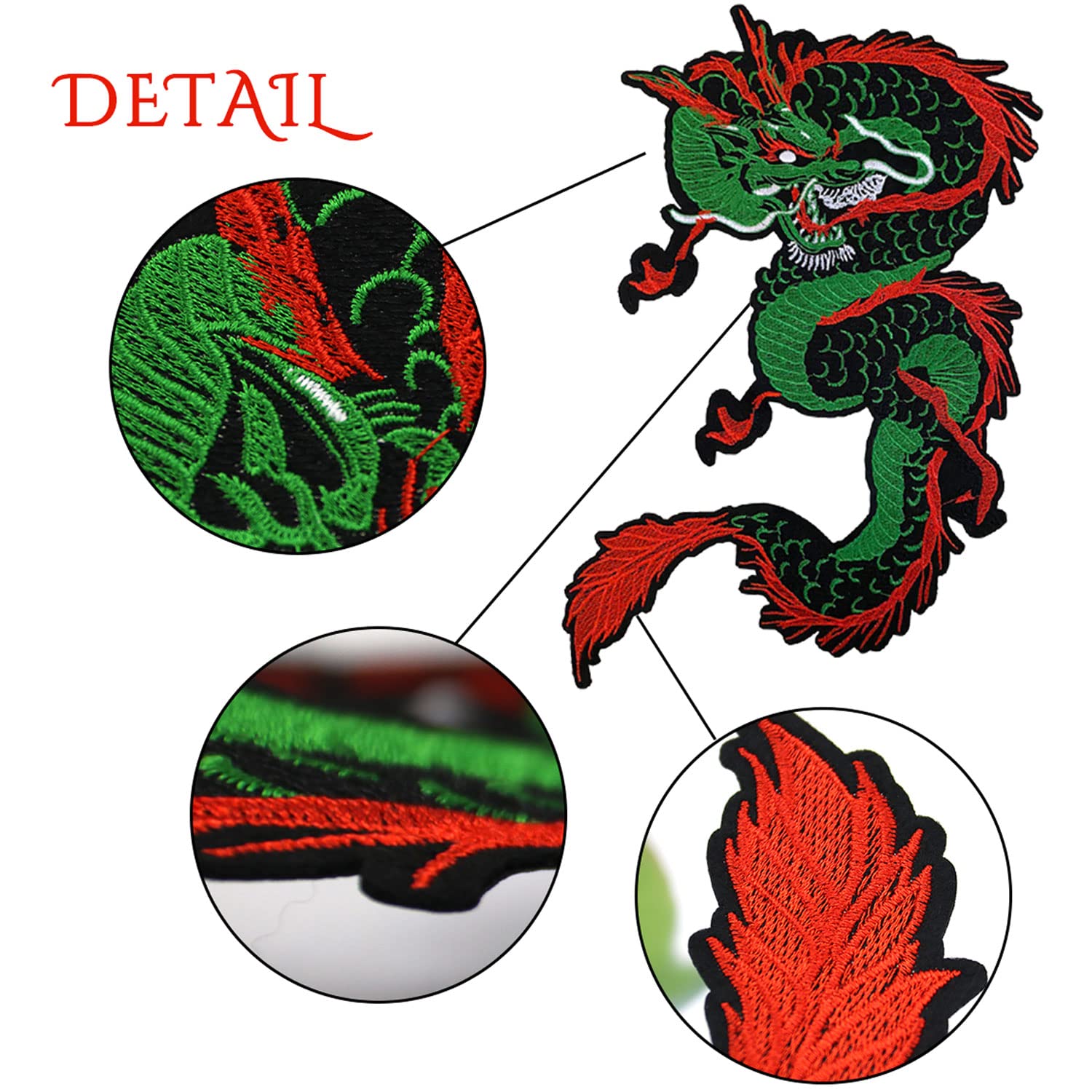 Parches de dragón verde bordado para planchar, parches grandes de dragón para coser en ropa, chaquetas, disfraces de bricolaje (verde rojo)
