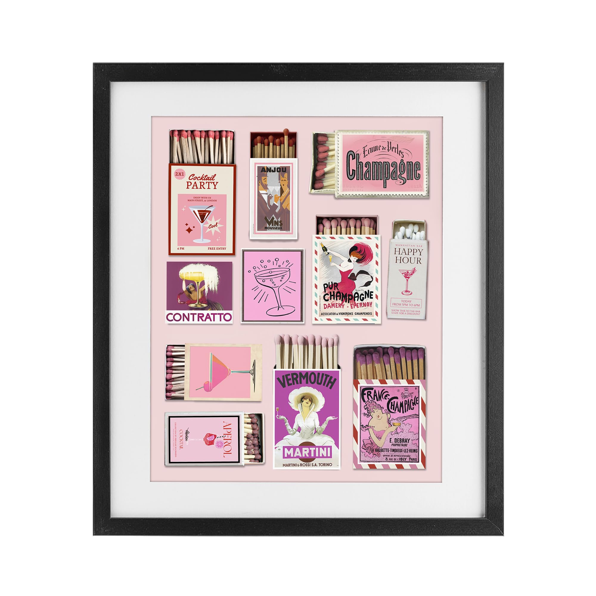 Champagne Cocktail Matchboxes Glam, 17 x 21 Inch Framed Print Under Glass