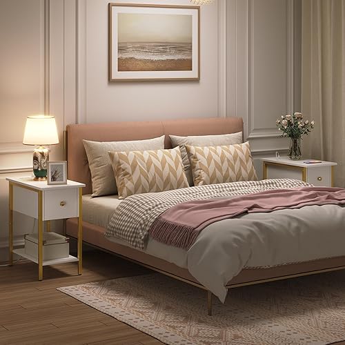 Miniatura 5 de HOOBRO Mesas auxiliares con estación de carga, juego de 2 mesas de noche estrechas, mesas auxiliares de sofá con cajón, mesas de café de 2 niveles,