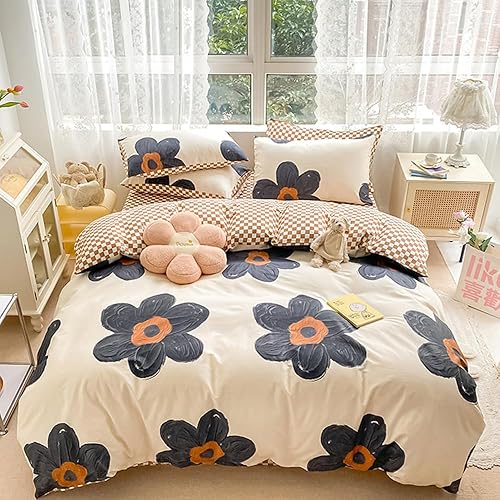 CLOTHKNOW Juego de edredón floral negro tamaño matrimonial, juego de ropa de cama de girasol, edredón a cuadros de calabaza, edredón beige y negro