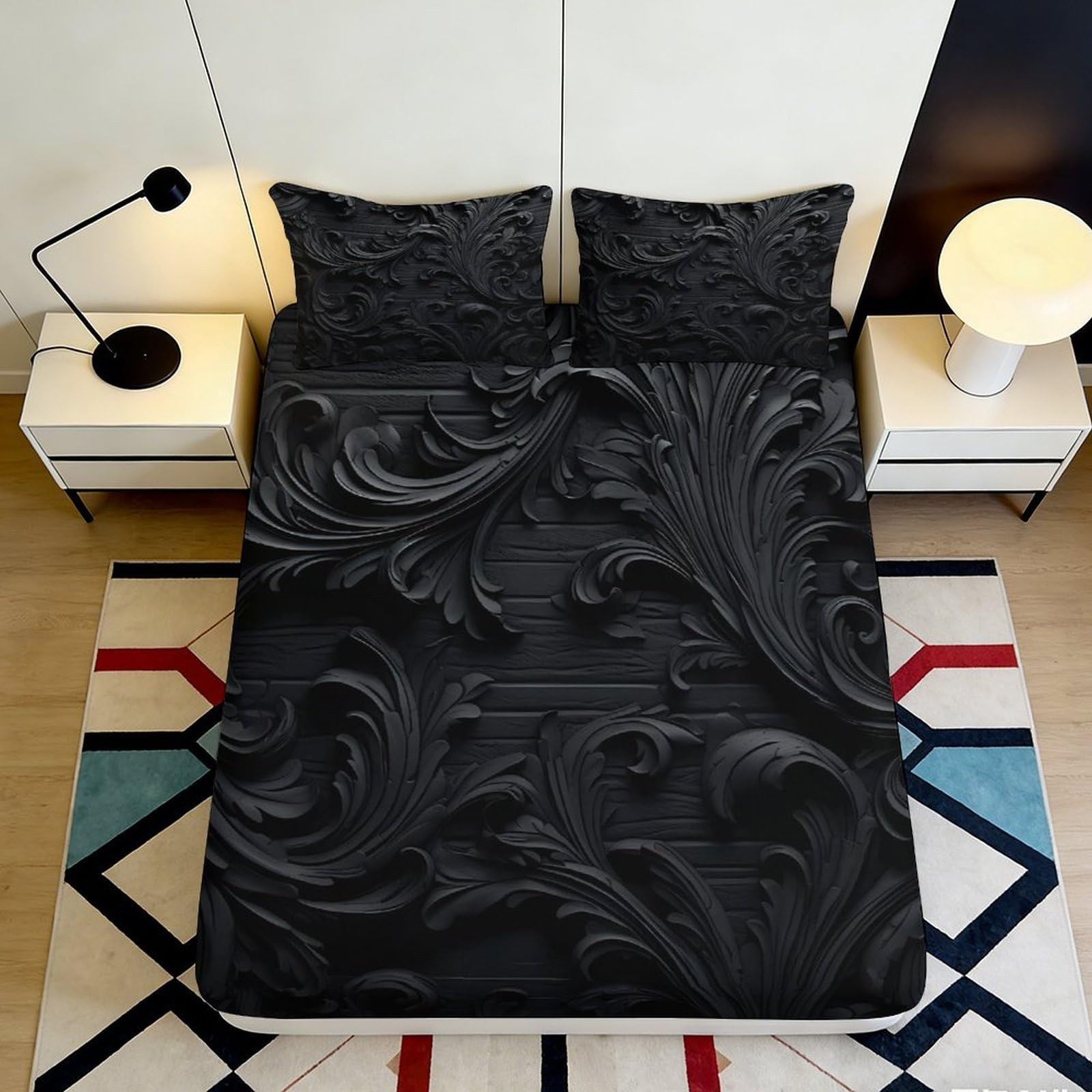 3D Printed Black Baroque Fitted Sheet Microfiber Soft Breathable Floral Swirl Bed Cover for Bedroom Dormitory Guest Room Mattress Protection 120x200x25cm