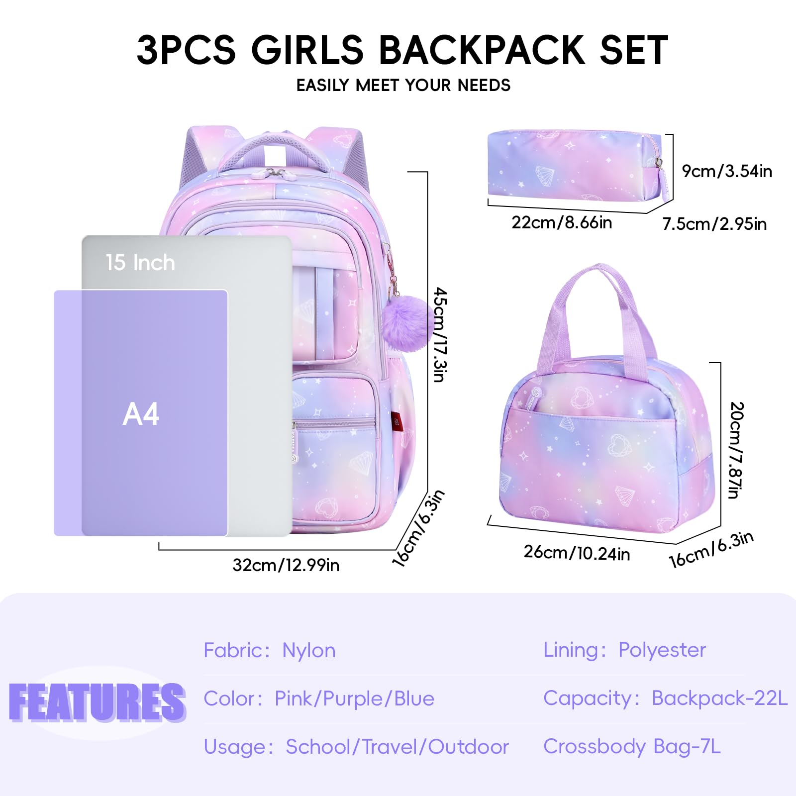 Tanou Set di Zaino Scuola Elementare Bambina alla Moda | 3 Pezzi Traspirante Zaini per Bambini con Borsa Termica e Astuccio, Kawaii Zaino Ragazza in Nylon con Ciondolo, Viola