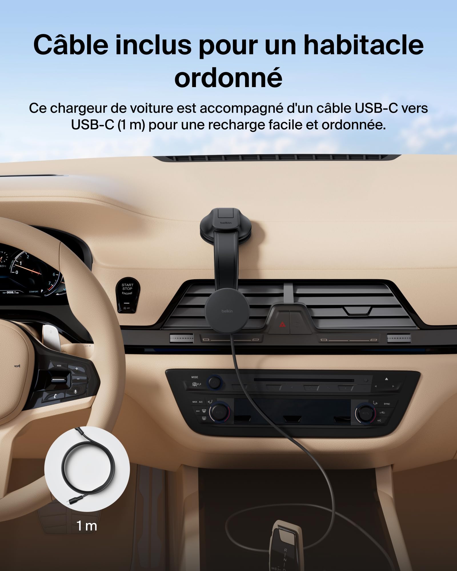 Belkin Chargeur de Voiture sans Fil, Support de Voiture Magnétique avec Câble USB-C, Compatible MagSafe, Recharge Rapide pour iPhone 17, Galaxy S25, Pixelsnap, etc., Accessoire De Voiture Qi2 - Noir
