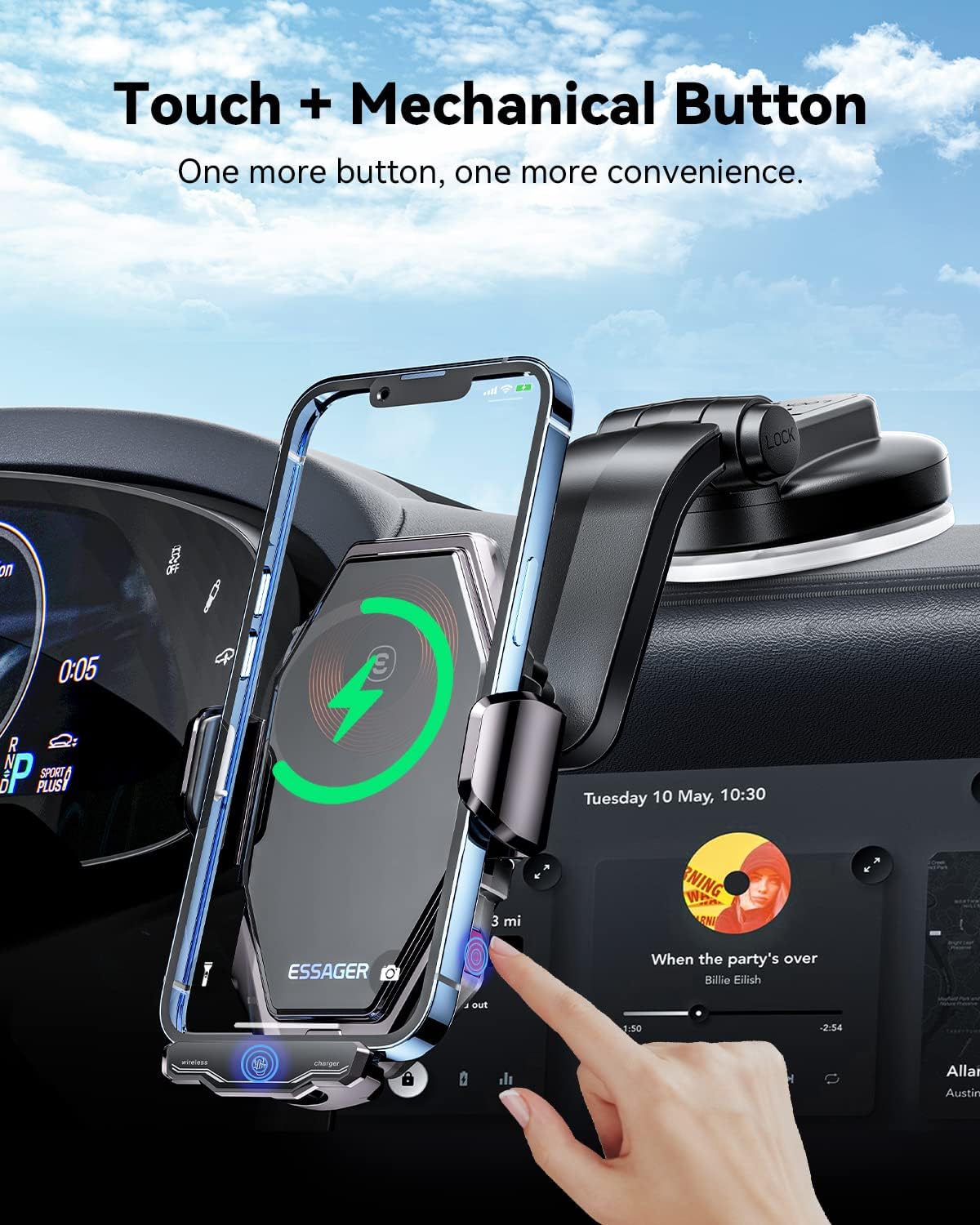 Hand interacting with the touch and mechanical release buttons on the charger