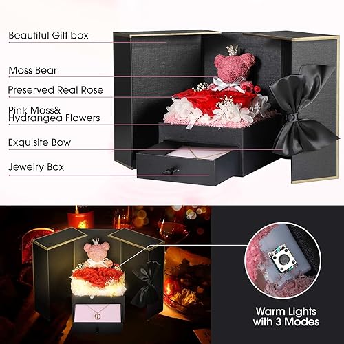 Miniatura 3 de Bonito regalo de oso de rosas reales preservadas con collares iniciales chapados en oro de 18 quilates para mujeres, día de la madre, cumpleaños,