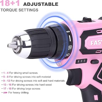 FASTPRO 20V Pink Drill Set, 3/8 in. Cordless Drill Driver Kit with 1.5 Ah Battery, Charger and Tool Bag