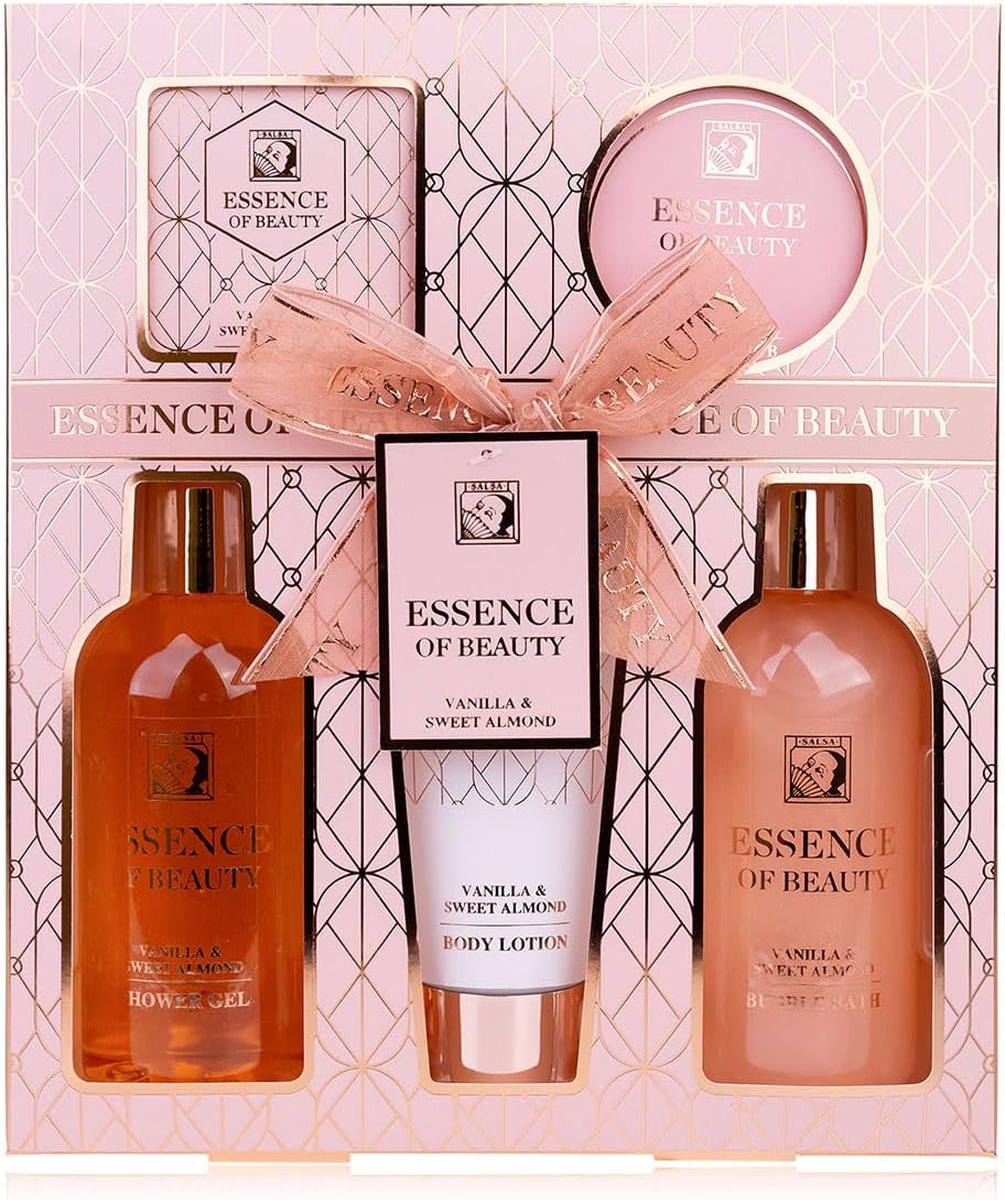 Accentra Set de ducha SALSA ESSENCE OF BEAUTY para mujeres, gel, espuma, loción, exfoliante, sales de baño, aroma Vainilla y Almendra Dulce, regalo de lujo para damas