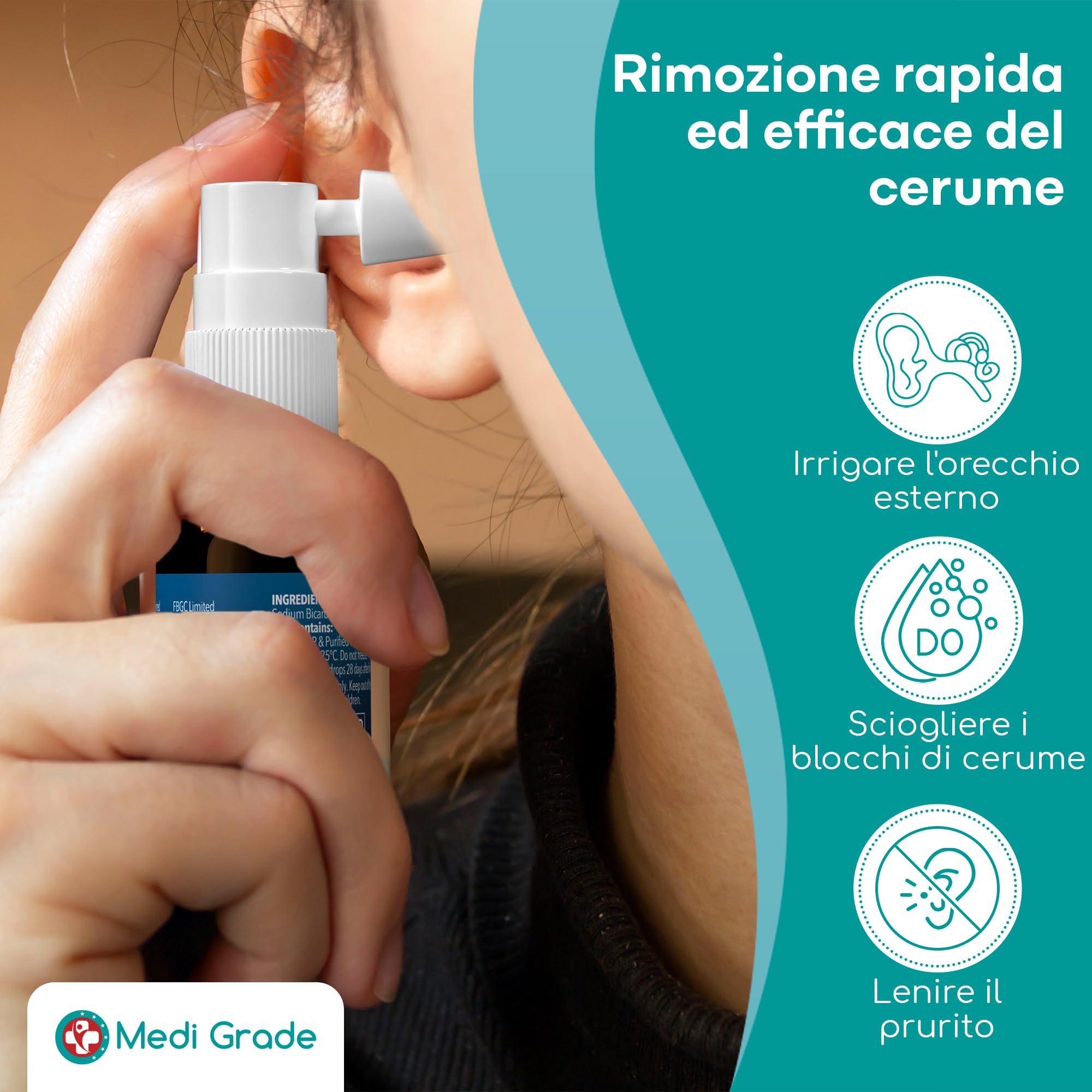 Medi Grade Spray Auricolare per Rimozione del Cerume – Pulizia Orecchie con Bicarbonato di Sodio Naturale per Orecchie Bloccate – 20ml con oltre 50 Spruzzi per Applicazione Facile e Cura Delicata
