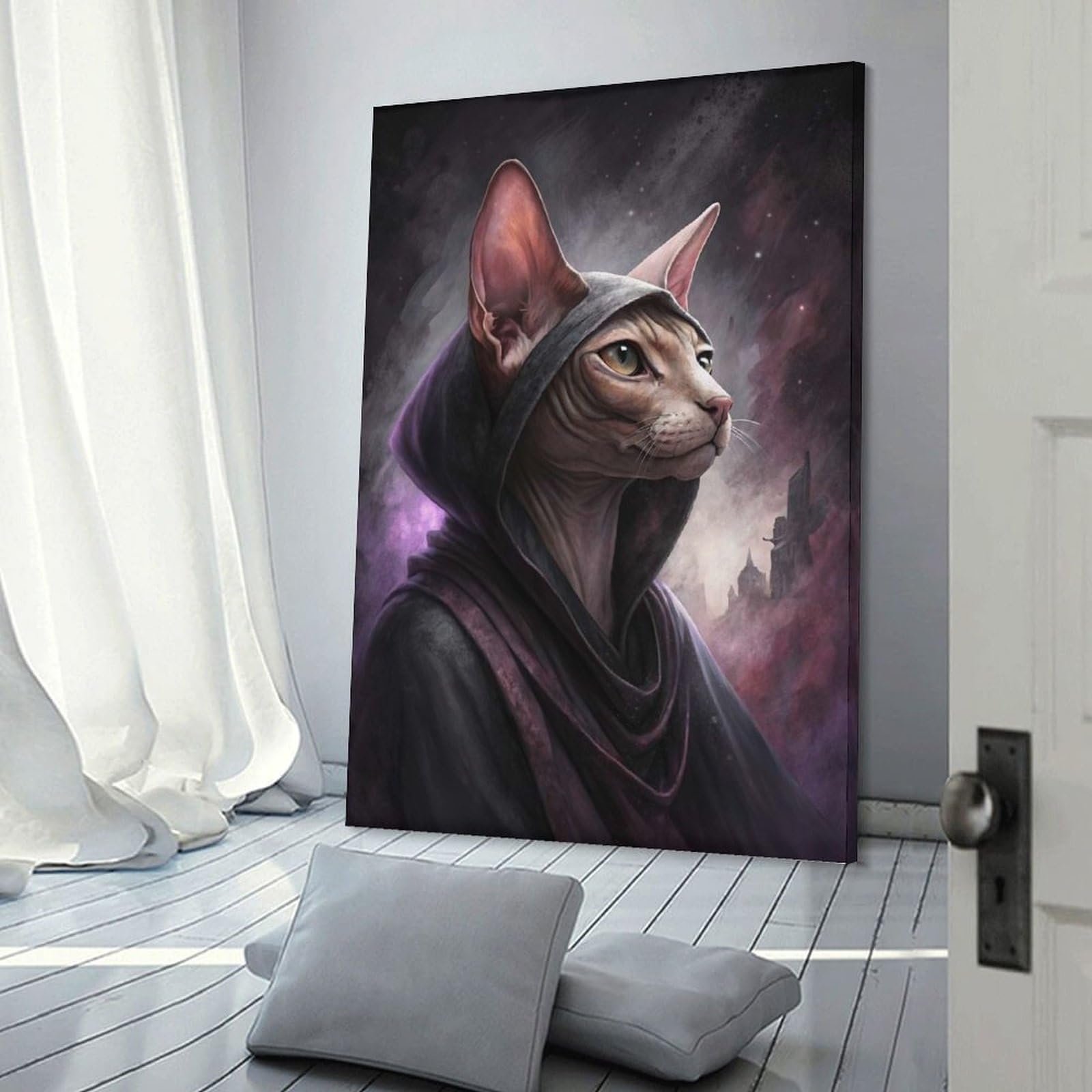 Junmoney Frame-Style-3-1 Canvas Wall Art Sphynx Cat Wizard In Cosmic Robes, 08X12inch(20X30cm), For Bedroom, Guest Room Or Reading Nook, Canvas Wall Decor For Personal Spaces