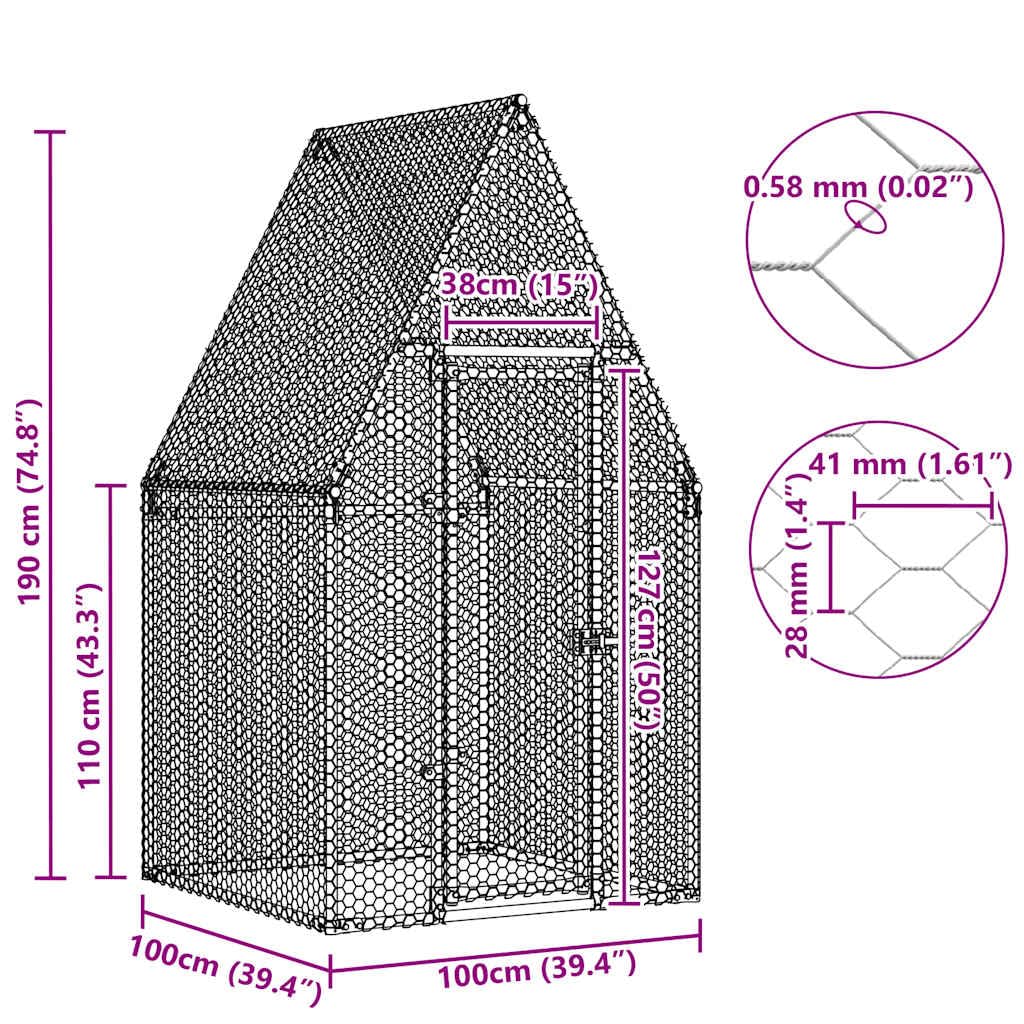 Jaula para pollos plateada, de acero galvanizado, 100 x 100 x 190 cm, con puerta y cerradura, para conejos, cobayas, hámster, roedor, parque estable, protección de rueda libre