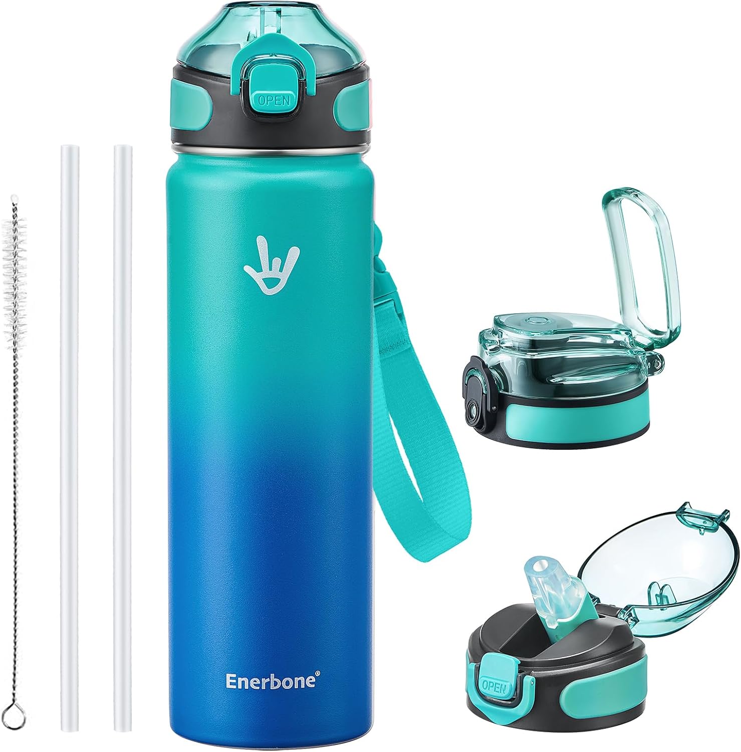 Enerbone 32 oz Insulated Water Bottle, Stainless Steel Bottle with Carrying Strap, Double-Wall Vacuum Insulation Design, Leakproof Sports Bottle with Straw, Keep Drinks Cold or Hot for Hours