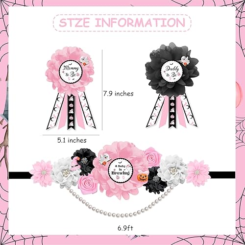 Miniatura 6 de Juego de banda y ramillete de maternidad para baby shower, color rosa y negro, cinturón de vientre con texto en inglés "A Baby is Brewing Bell",