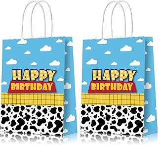 16 Pcs Cartoon Story Birthday Party Favor Bags, Cow Pattern Birthday Goodie Treat Bags Party Supplies, Blue Sky White Cloud Kraft Paper Candy Gift Bags with Handle for Kids Birthday Party Decorations