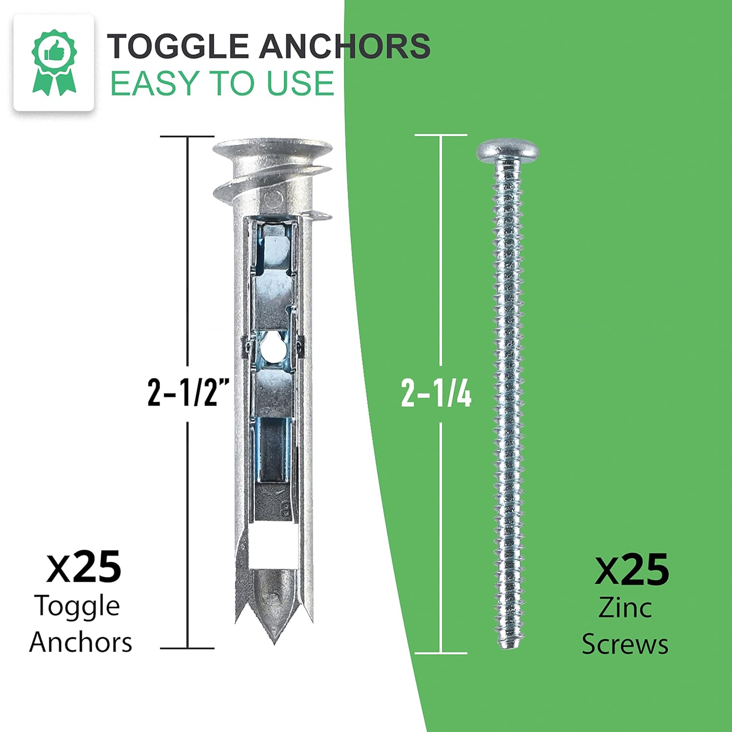 Self-Drilling Drywall Anchor Toggle Kit, Heavy Duty Wall Ancor with Zinc Phillip Screws #8 x 2-1/4 - Holds Up to 100 Lb. (25 Pack): Industrial & Scientific