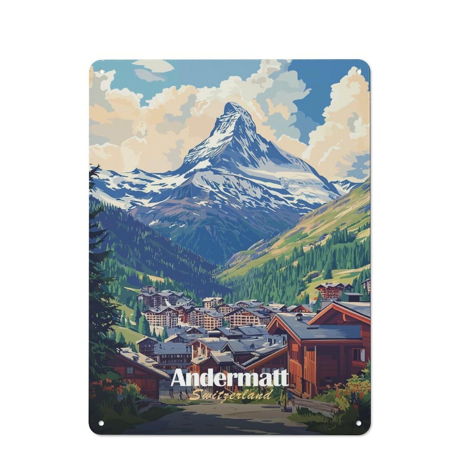 Junmoney Style-20 40X30cm Rustic Tin Sign With Andermatt Switzerland Mountain View For Home Office Or Studio, For Metal Sign Collectors, For Garage And Workshop Walls